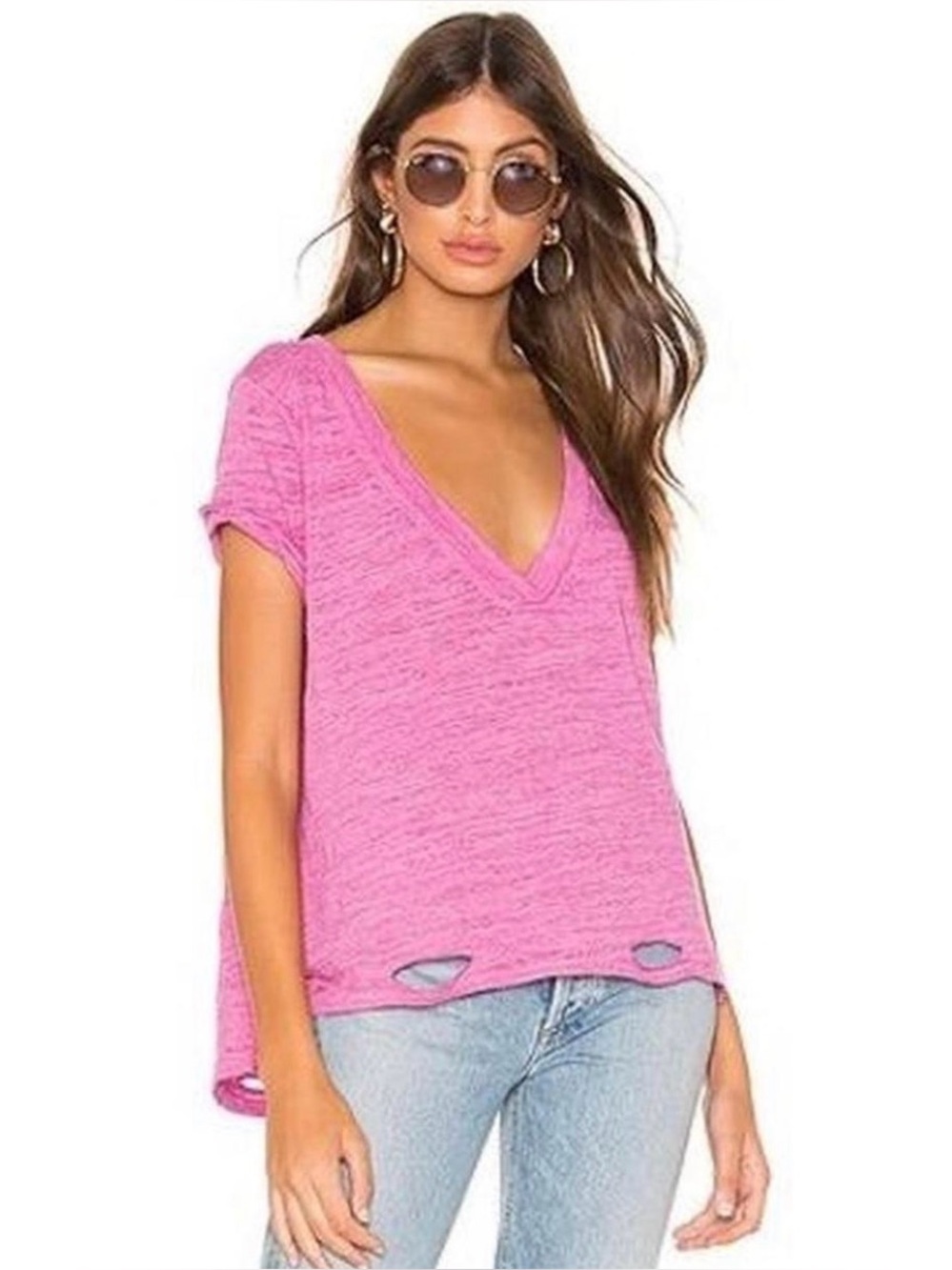 We the Free Distressed V Neck Shirt Sz M trendy pink